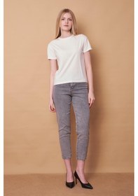 Resim Jument Kadın Sıfır Yaka Kırışmaz Span Karışımlı Şık Kısa Kol Likralı T-shirt Bluz-krem Krem 