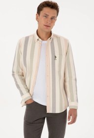 Resim U.S. Polo Assn. Erkek Krem Uzun Kollu Çizgili Gömlek 50308261-VR183 