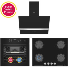 Resim Simfer 11 Fonksiyon Steam Master Siyah 3'lü Ankastre Set ( Fırın + Ocak + Davlumbaz) 