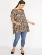 Resim Kadın Leo Büyük Beden Leopar Desenli Ön Yırtmaçlı Bluz-leo Kahverengi 