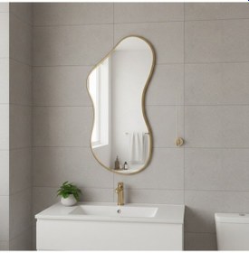 Resim 30x54 Cm Modern Organik Şekilli Dekoratif Banyo Aynası Altın Çerçeveli Düzensiz Tasarım Ayna Minimalist & Japandi Duvar Aynası Altın 
