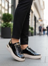 Resim AYAKMOD Lady 029 Z Altın Detaylı Siyah Rugan Kadın Sneaker 