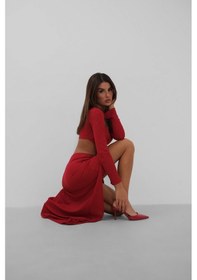 Resim Soonaksesuar Yırtmaçlı Etek Ve Crop Bluz Takım Kırmızı 