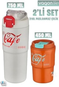 Resim Vagonlife 2'li Çelik Termos-Kahve Bardağı Seti 750ML Çift Kullanım Termos//450ML Mug Kahve Bardağı 