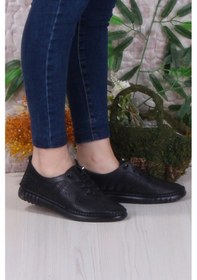 Resim Mehmet Mete 4243 Yumuşak Rahat Esnek Lastik Bağcıklı Hakiki Deri Kadın Ayakkabı Siyah 