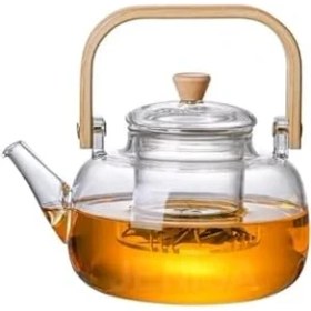 Resim Ahşap Saplı Cam Filtreli Demlik 1000 ml - Dayanıklı Cam Bitki Çayı Demlik 