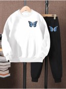Resim LePold 3 Iplik Üst Beyaz Alt Siyah Baskılı Kız/erkek Oversize Sweatsihrt & Eşofman Takım 