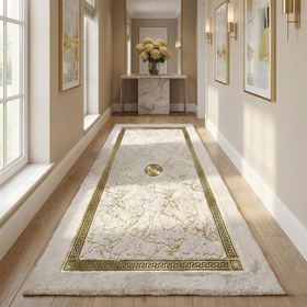 Resim Beyaz Zeminli Altın Desenli Merkezli Peluş Runner Halı - 80x250 cm 