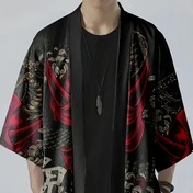 Resim Erkekler için Rahat Çin Tarzı Kimono Hırka - Tradisyonel Ukiyo-e Baskı, Bol Kesim, Esnek Olmayan Kumaş, Bahar / Sonbahar için Mükemmel, Asya Efsanesi Eğitimi|Tradisyonel Kimono Tasarımı|Örgü Dokusu 