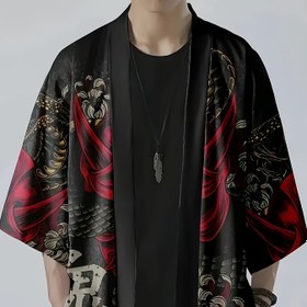 Resim Erkekler için Rahat Çin Tarzı Kimono Hırka - Tradisyonel Ukiyo-e Baskı, Bol Kesim, Esnek Olmayan Kumaş, Bahar / Sonbahar için Mükemmel, Asya Efsanesi Eğitimi|Tradisyonel Kimono Tasarımı|Örgü Dokusu 