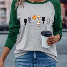 Resim Kadınlar İçin Rahat Raglan Kollu T-Shirt - Sevimli Kedi Baskılı, Heather Gri & Yeşil Kontrast, Yumuşak Esnek Kumaş, Yuvarlak Yaka Uzun Kollu Üst, İlkbahar/Sonbahar Günlük Giyim, Şirin Tişörtler, Oyunlu Tasarım, Hafif Grafik Tişört, Yetişkinler 