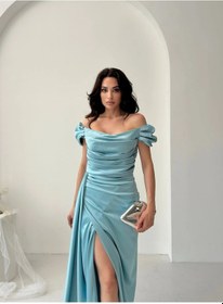 Resim Feminist Turkuaz Drape Detaylı Saten Kumaş Abiye Elbise 9704858.14 