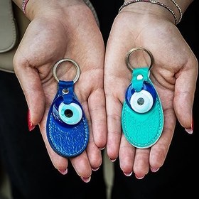Resim Nazar Boncuklu Damla Figürlü Vegan Deri Anahtarlık, Araba Çanta Aksesuarı(Charm), Yeni Ev Hediyesi, Düğün Hediyeliği- Turkuaz & Lacivert, 2 Adet 