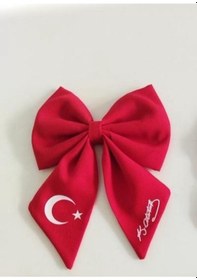 Resim Kırmızı Kurdele Saç Tokası Türk Bayraklı Atatürk İmzalı Çocuk Saç Tokası Çok Renkli 