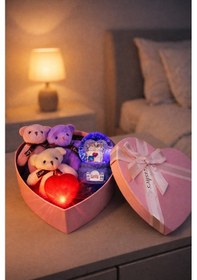 Resim Sevgililer Günü Romantik Aşk Kutusu Işıklı Mor Kar Küresi 3'lü Peluş Ayıcık Işıklı Kalp Hediye Seti Çok Renkli 