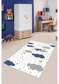 Resim Dijital Baskılı Mavi Renkli Bulut Desen Dekoratif Yıkanabilir Kaymaz Taban Çocuk Halısı Çok Renkli 