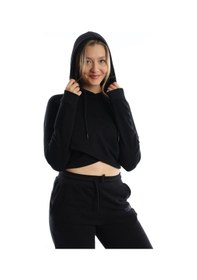 Resim Kadın Kruvaze Detaylı Kapüşonlu Crop Sweat Siyah 