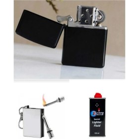 Resim İndirim Center Siyah Benzinli Çakmak + Metal Kibrit + Çakmak Benzini 125 ml Süper Set 