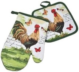 Resim Horoz ve Kelebek Desenli Fırın Eldiveni ve Tutacak Seti – 2 Parça, 18 x 27 cm, Pamuklu, Hediyelik 