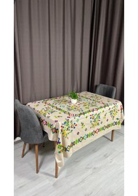 Resim Kolay Temizlenebilir Renkli Cıvıl Cıvıl Desenli Masa Örtüsü 170x170 Cm Bej 