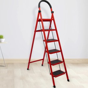 Resim Asil Metal 6 Basamaklı Katlanır Merdiven Kaymaz Yüzeyli Basamaklı Ev Tipi 150 Kg Taşıma Kapasiteli Kırmızı 1 Adet 
