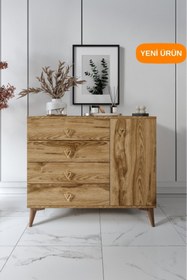 Resim mapahomeliving Simple 4 Çekmeceli 1 Kapaklı Modern Şifonyer Ceviz 