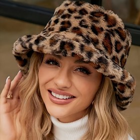 Resim Kadın Leopar Desenli Peluş Kova Şapka, Tekli Satış, Ayarlanabilir, Hafif Polyester, Elastik Uyum, Elde Yıkanabilir, Nem Emici Özelliklere Sahip, Sonbahar Ve Kış İçin Uygun. 