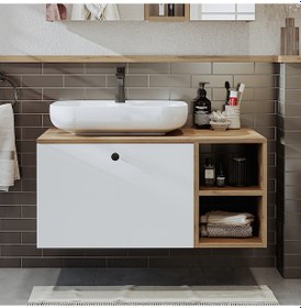 Resim Lavabolu Mdf 95 Cm Çekmeceli Lotus Oval Lavabolu Dolabı Atlantik Çam - Beyaz 