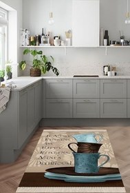 Resim Pelangi Çaydanlık Fincan Desenli Dijital Baskılı Kaymaz Taban Yıkanabilir Leke Tutmaz Mutfak Halısı, Sütlü Kahverengi 80 x 300 