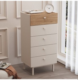 Resim Robinhome Rhode Şifonyer 5 Çekmeceli Ahşap Ayaklı Kumsal-sepet Bej 