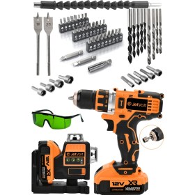 Resim Jetvolt Çift Akülü 12 Köşe 360° Otomatik Hizalamalı Lazer Metre ve Çelik Mandren 84 Parça Şarjlı Matkap - Turuncu 