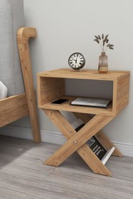 Resim Zuesse Dizayn Lepus X Ayaklı Komodin & Şifonyer Çekmecesiz Raflı Yatak Odası Başucu Düzenleyici Dergilik - Çam 