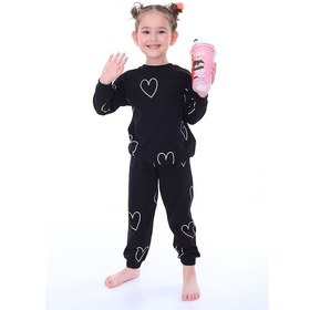 Resim Minik Kalpler Desenli %100 Pamuk Kız Çocuk Pijama Takımı Siyah 