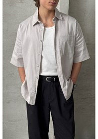 Resim Erkek Oversize Kısa Kol Gabardin Gömlek Bej 