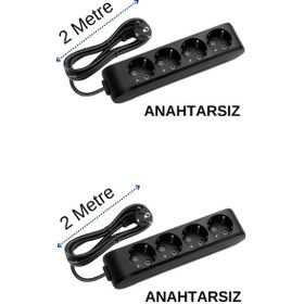 Resim Viko 4'lü Dörtlü Priz Topraklı Kablolu Siyah 2 İki Metre 2 Adet 