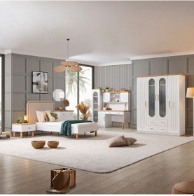 Resim Vita Bohem Genç Odası - 4 Kapaklı Dolap, Karyola, Komodin, Çalışma Masası, Şifonyer, Kitaplık Beyaz 