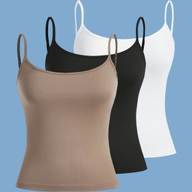 Resim 3 Adet Düz Renkli Polyester İnce Kesim Rahat Askılı Tank Top, Hafta Sonu Rahatlığı İçin Yüksek Esneklikli İnce Askılı Kazak 