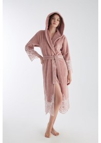 Resim Dantelli Uzun Kapüşonlu Triga Bambu Cotton Bayan Bornoz Pudra 