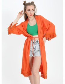 Resim Kimono Palmiye Baskılı Püsküllü - Turuncu-turuncu Turuncu 