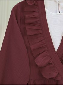 Resim MODAQU Yaka Fırfırlı Yan İp Bağlamalı Kimono - Bordo 