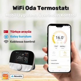 Resim Novato Wifi Kablosuz Akıllı Oda Termostatı T9W ( Tuya - Smart Life Uyumlu) Kablo Dahil Set 