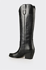 Resim Elle Siyah Deri Kadın Western Çizme 