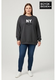 Resim Süperlife Kadın Büyük Beden Ny Newyork Baskılı Bisiklet Yaka İnce Sweatshirt Spr26bswk956-15 Antrasit 