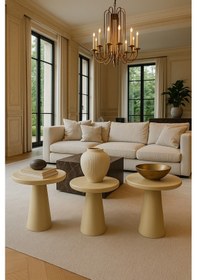 Resim Krem Renk Ahşap Mantar Sehpa Seti 3 Lü Şık Ve Doğal Zigon Takımı Beyaz 