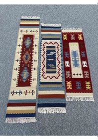 Resim El Dokuma Dekoratif Kilim Seti 3 Adet Renkli %100 Yün Kilim 