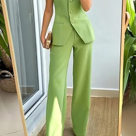 Resim Kadınların Düz Renk Tek Omuzlu Yelek Pantolon Günlük Takım İki Parça Takım 