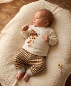 Resim Organik Pamuk GOTS Sertifikalı Baskılı Kahverengi Bebek Pijama Takımı | 1-18 Ay - 1-3 Ay 
