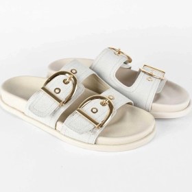 Resim Kadın Süet Gold Tokalı Çift Bantlı Poli Taban Günlük Terlik - Bej Bej 