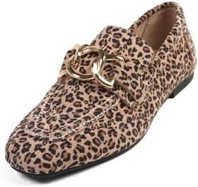 Resim Mio Gusto Myrcella Hakiki Süet Bej Renk Leopar Desenli Zincir Aksesuarlı Küt Burunlu Kadın Loafer Ayakkabı 