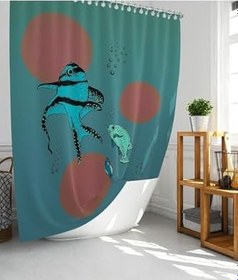 Resim Tropik Home Banyo Duş Perdesi Balık Desen Koyu Mavi Dijital Baskılı Banyo Perdesi, Tek Kanat 180x200 Cm 